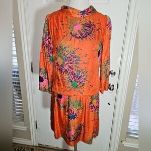 Vintage Georgia Bullock Silk Vibrant Orange Patterned Dress